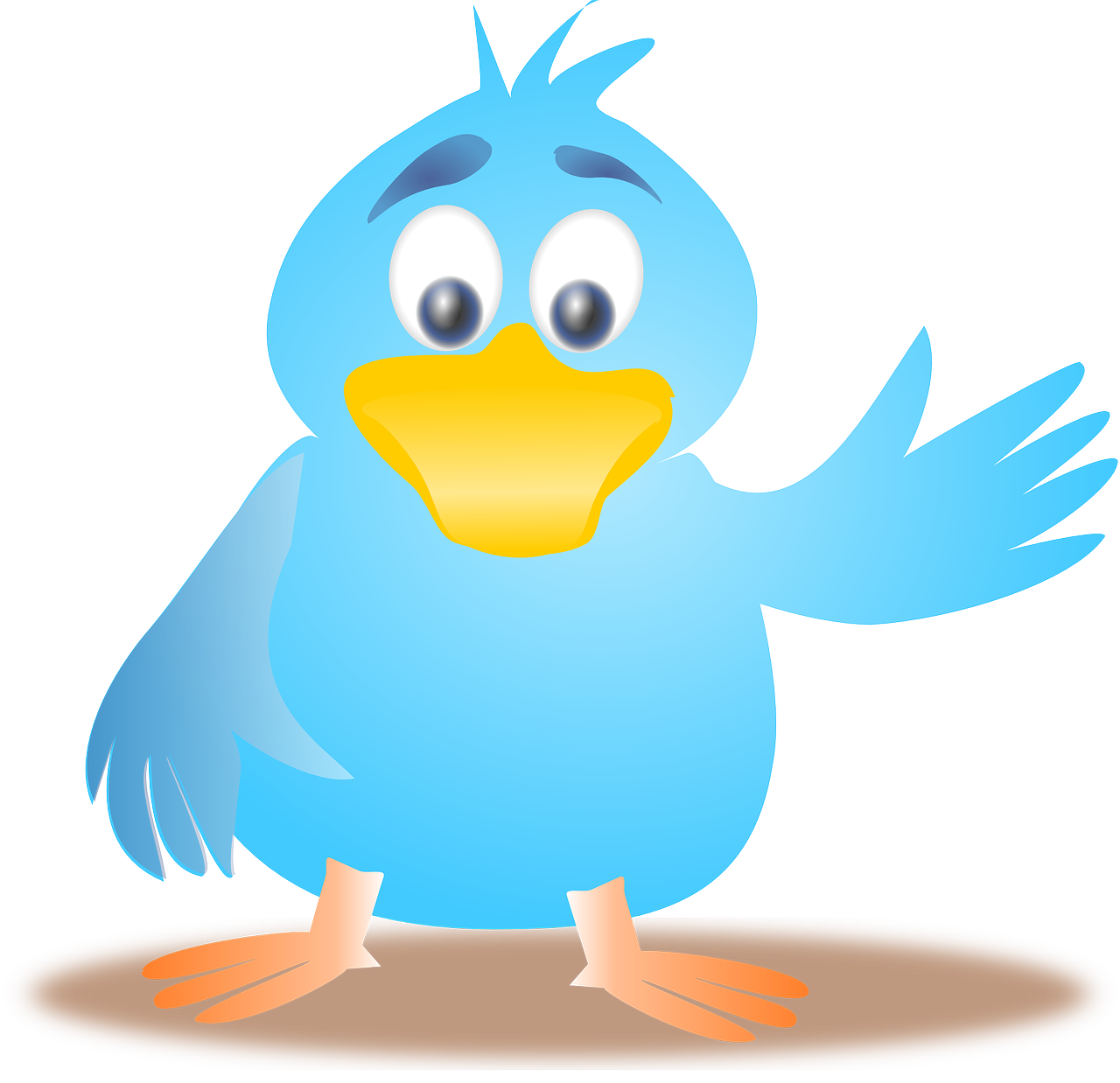 a cartoon blue bird with a yellow beak, an illustration of, trending on pixabay, happening, waving and smiling, a wooden, social media, light blue skin