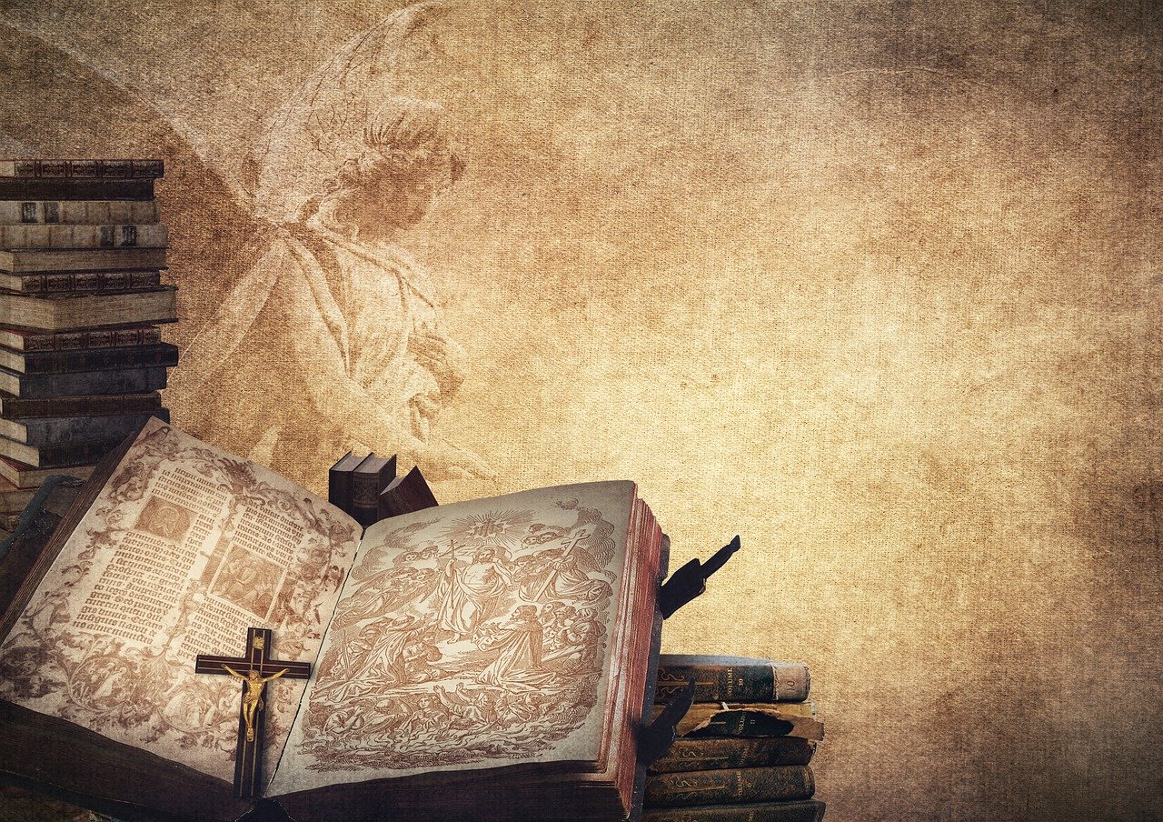 an open book sitting on top of a pile of books, a photo, baroque, old testament angel, textured parchment background, shadow of catholic church cross, set photo