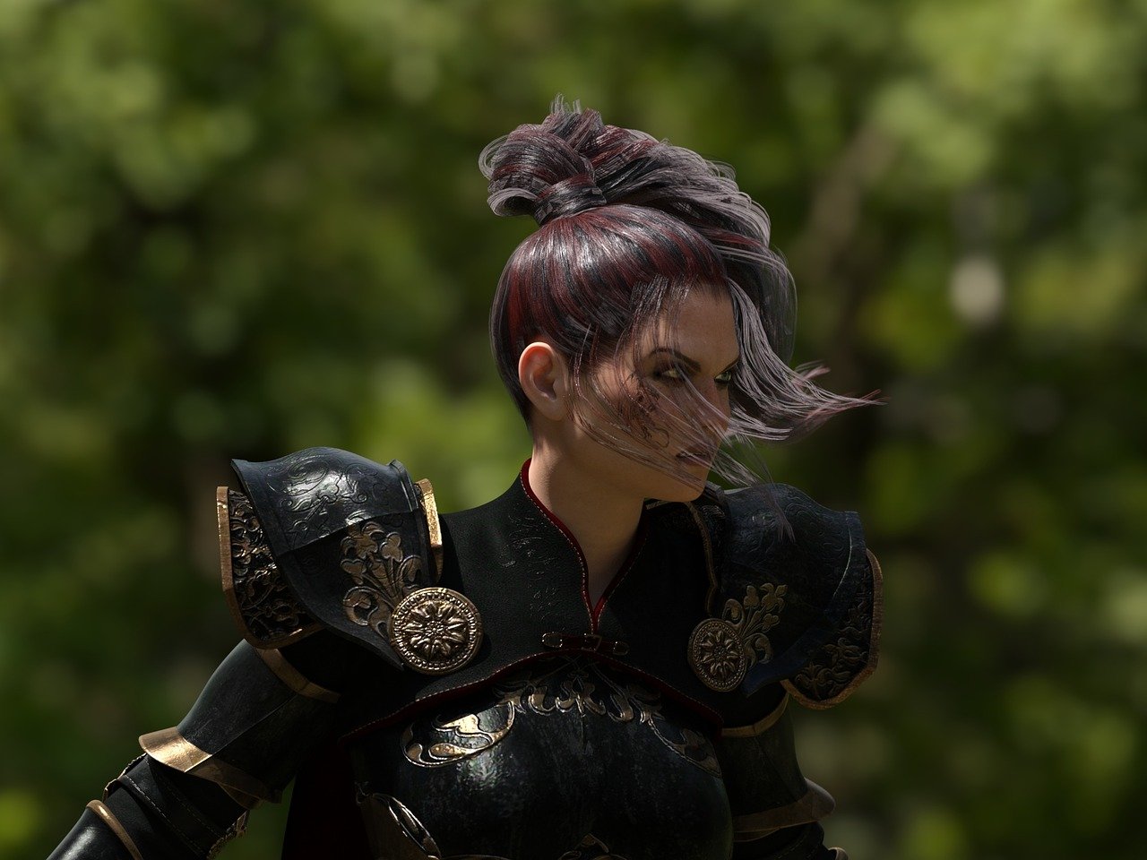a woman dressed in armor poses for a picture, a character portrait, inspired by Fan Kuan, trending on cg society, unreal 5 8 k depth of field, clothed in old samurai uniform, windy hair, ultra realistic 8k octan photo