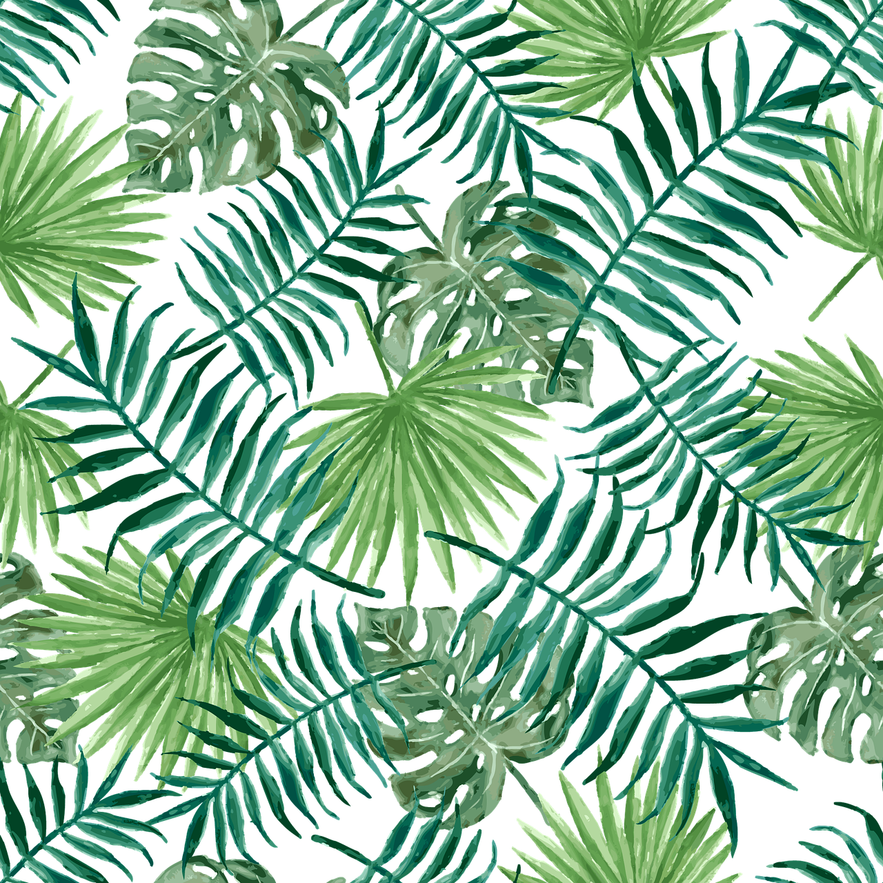 a bunch of green leaves on a black background, by Sophie Pemberton, tropical palms, repeating patterns, painted in high resolution, summer