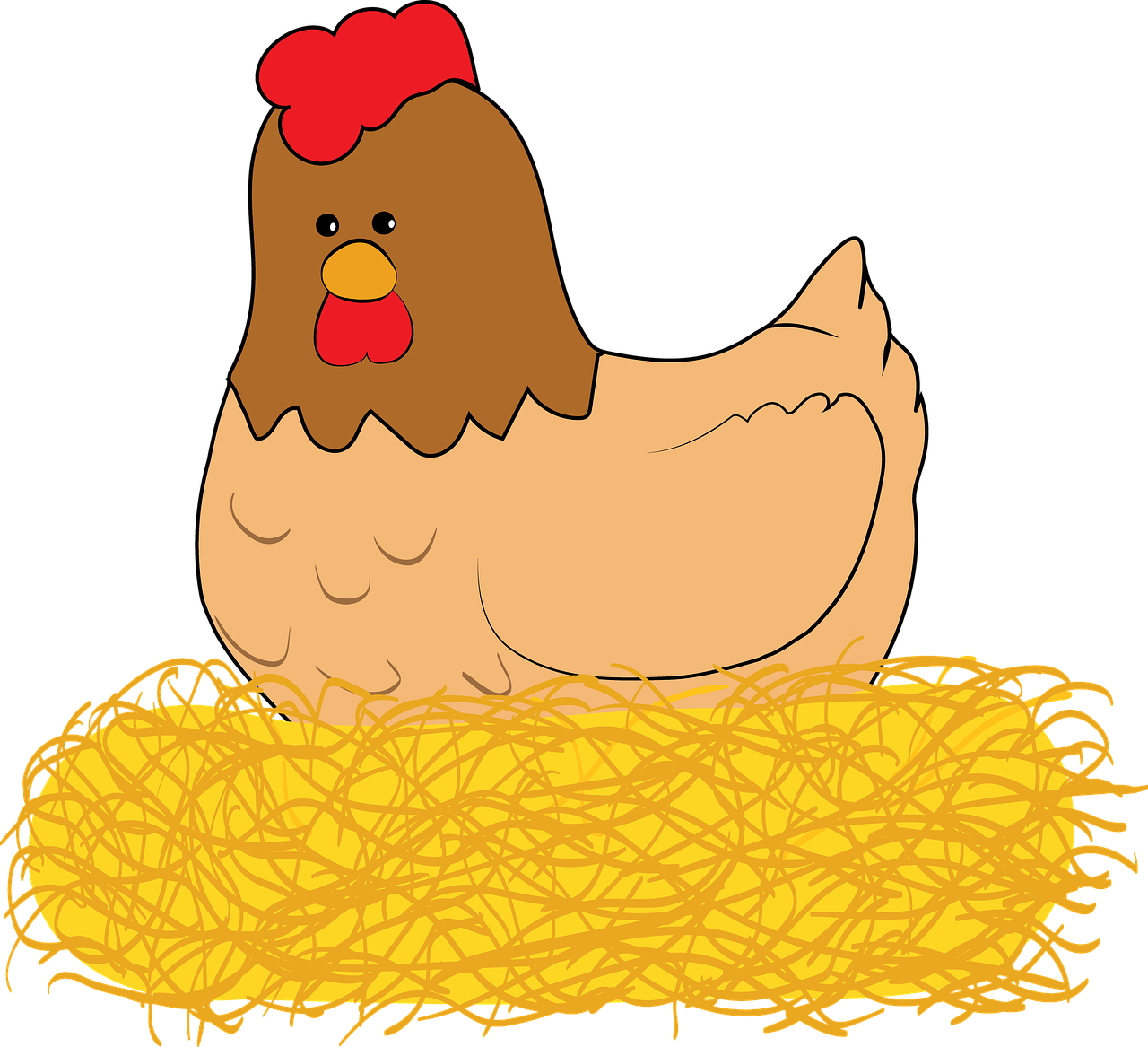 a chicken sitting on top of a pile of hay, an illustration of, naive art, on black background, illustration:.4, an illustration, thick neck