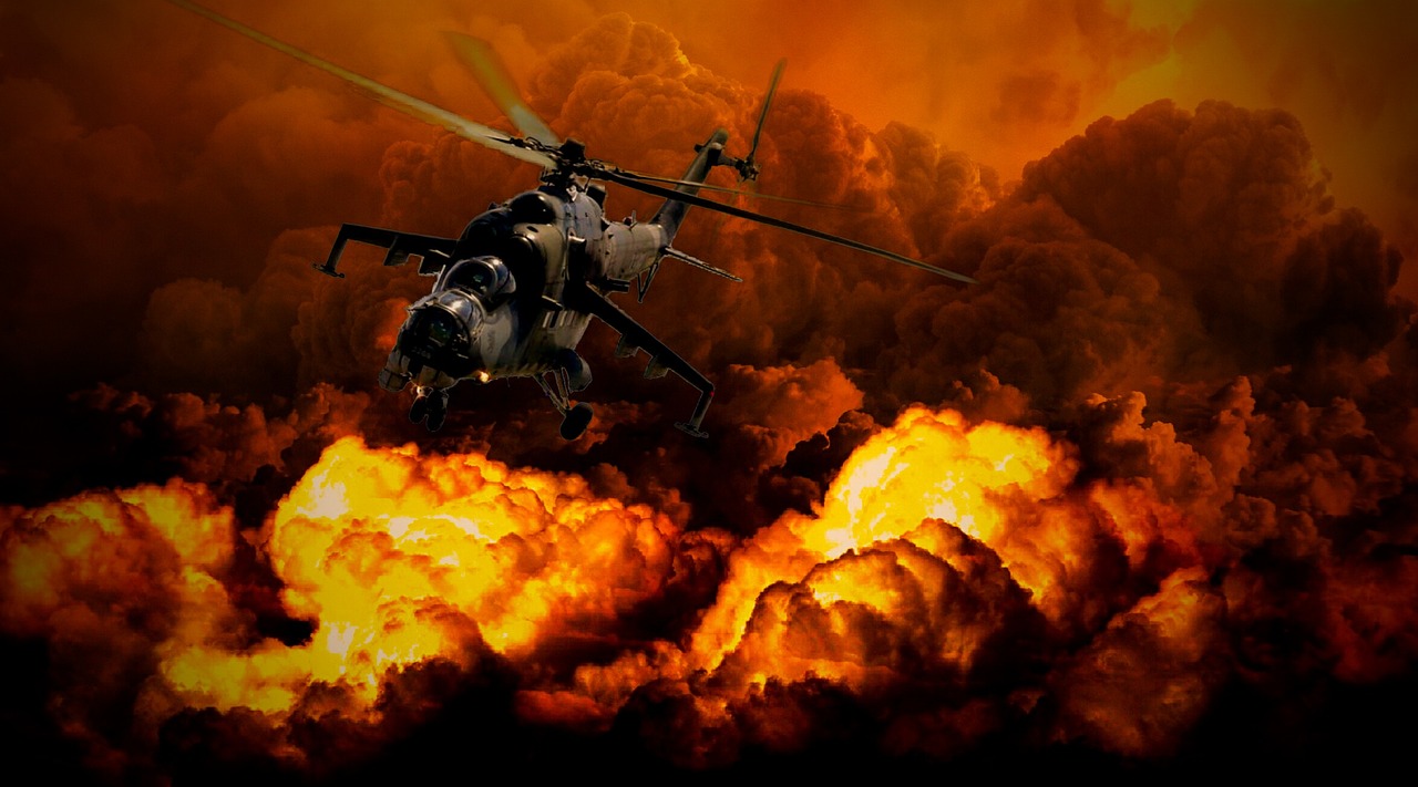 a helicopter that is flying through the air, a picture, by Tahir Salahov, pixabay, digital art, heavy fire on the background, rambo, armageddon, tactical team in hell