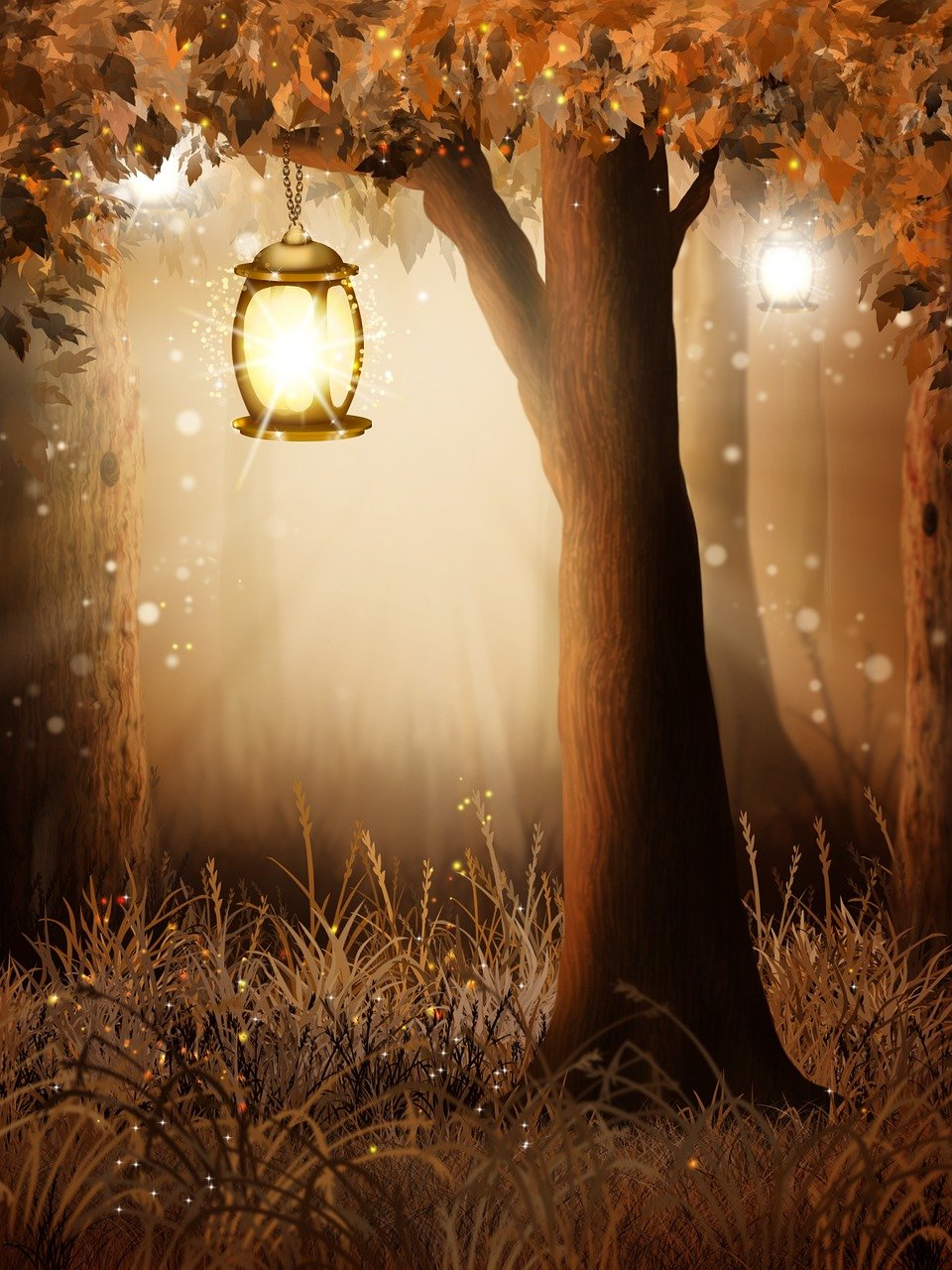 a lantern hanging from a tree in a forest, digital art, shutterstock, soft diffuse autumn lights, very detailed background, a beautiful artwork illustration, lamplight