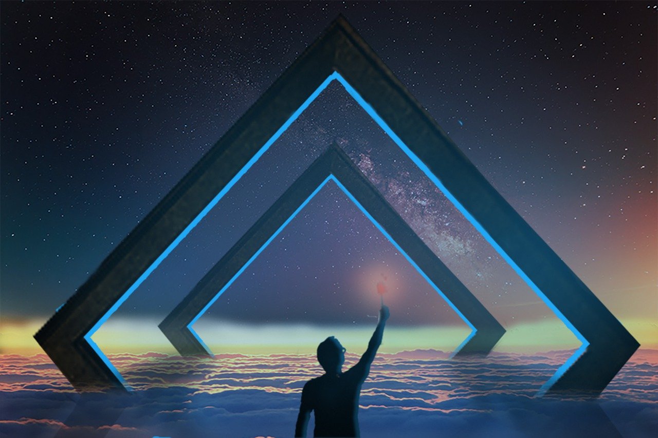 a man standing on top of a cloud covered ground, digital art, inspired by Cyril Rolando, deviantart contest winner, 3 d geometric neon shapes, pyramid portal, rising from ocean, architectural concept