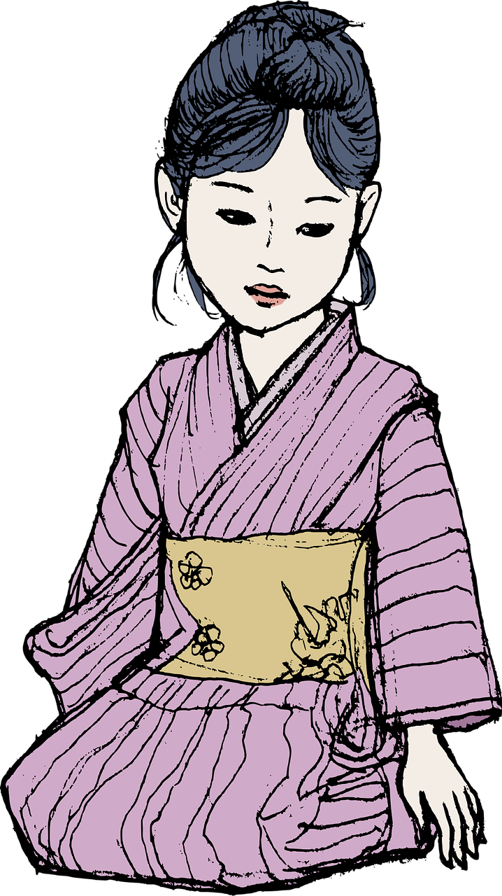 a drawing of a woman in a kimono, a digital painting, inspired by Koryusai Isoda, little girl, medieval japan, garbed in a purple gown, style of junji ito