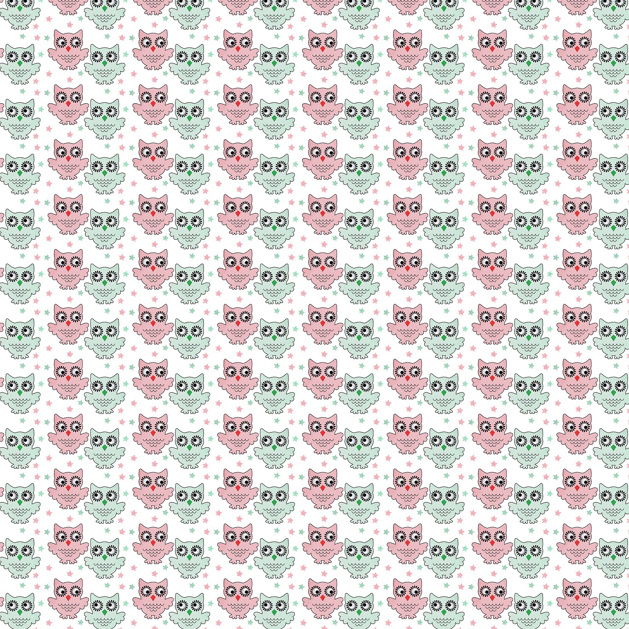a pink and green owl pattern on a white background, a digital rendering, inspired by Louis Wain, tumblr, cutecore, ghost faces, spritesheet, cozy wallpaper