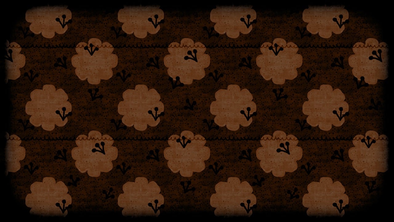 a pattern of brown flowers on a black background, a digital rendering, inspired by Nyuju Stumpy Brown, deviantart, sōsaku hanga, sheep, cotton clouds, pumpkin farm background, tattered fabric