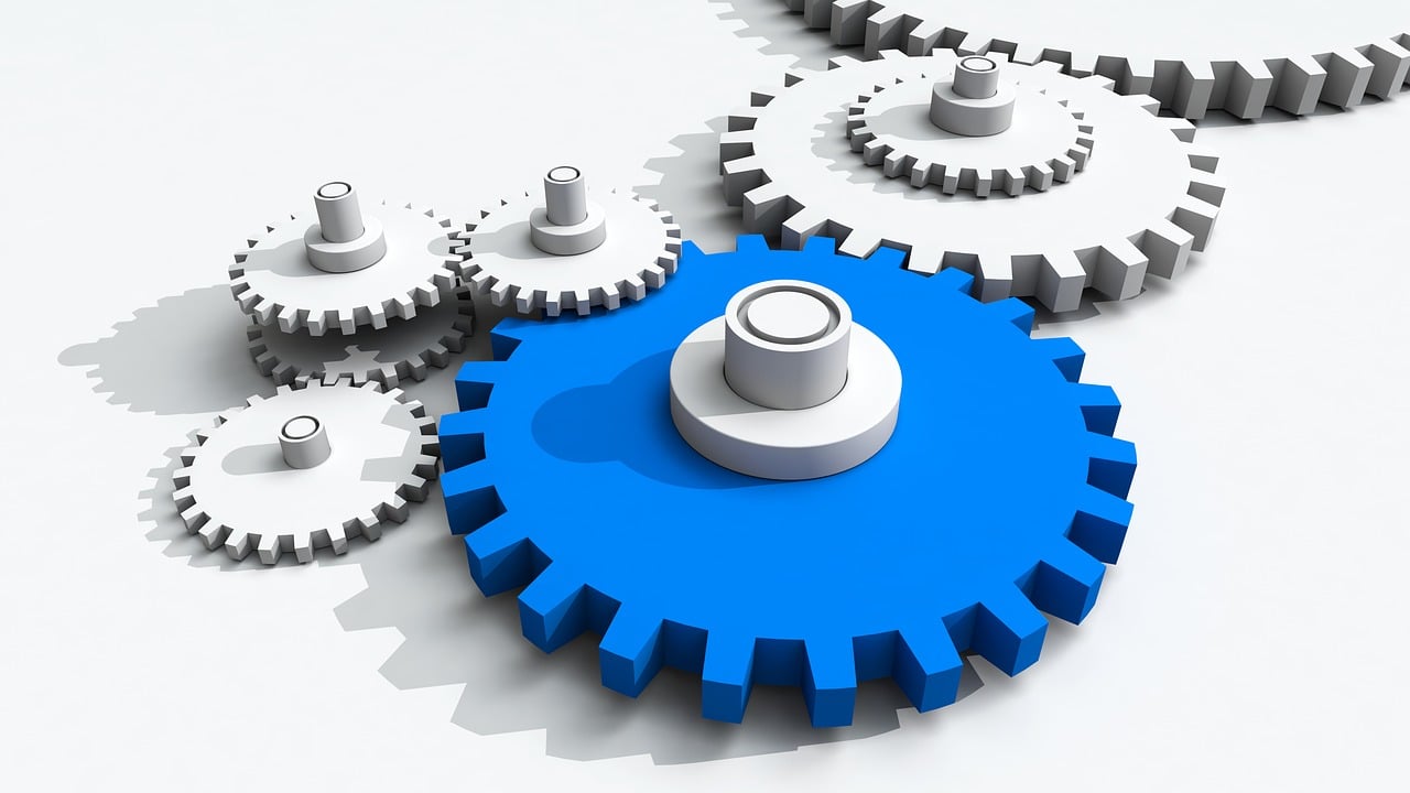 a group of gears on a white surface, a digital rendering, by William Gear, white and blue color scheme, enterprise workflow engine, switch, hi-res photo