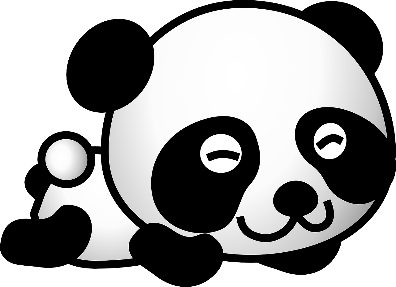 a black and white picture of a panda bear, a cartoon, inspired by Luo Ping, pixabay, with a black background, lying down, ( 3 1, in style of pan ren wei