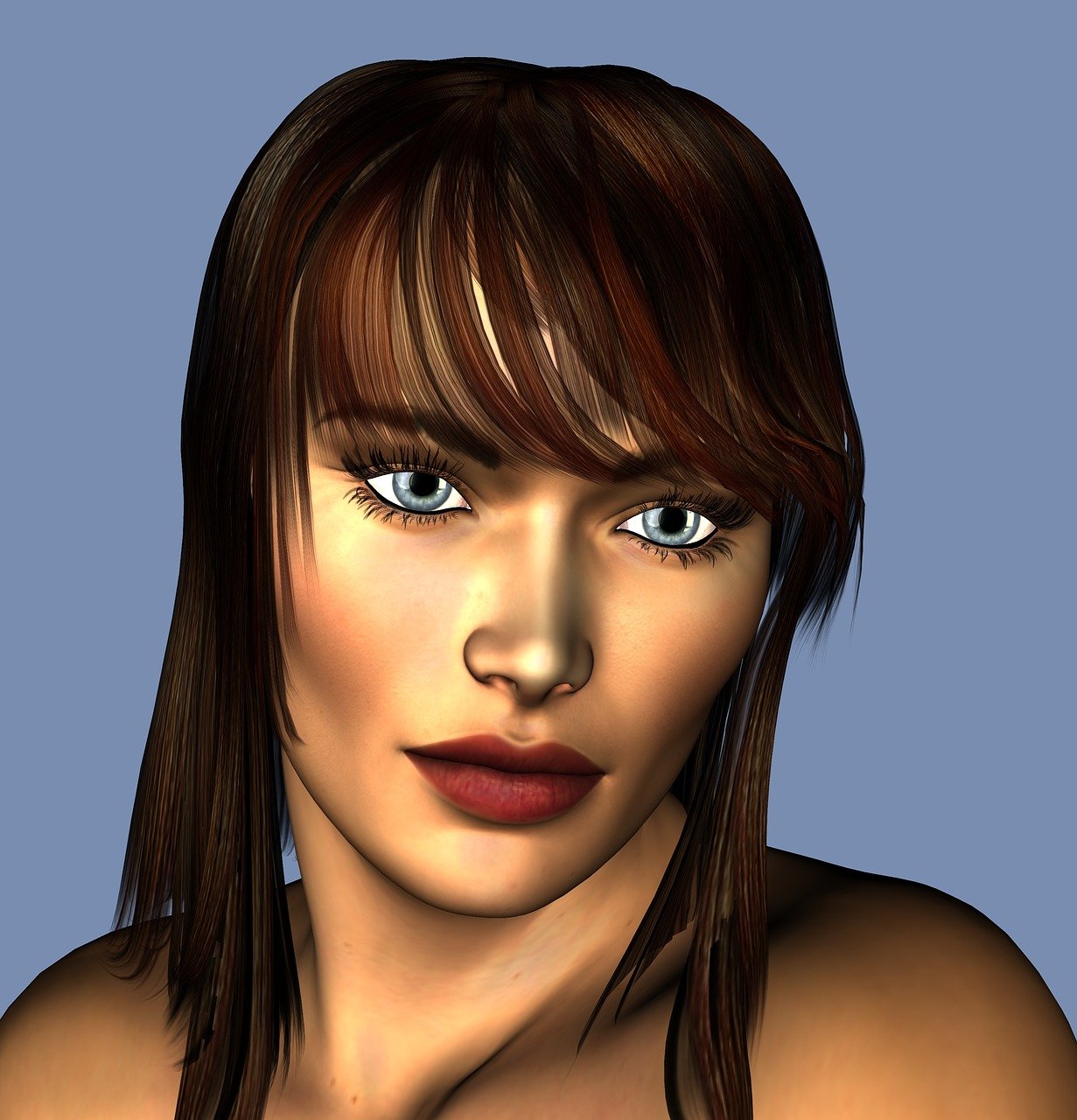 a woman with brown hair and blue eyes, a character portrait, digital art, ( ( 3 d render ) ), high detail portrait photo, with dark brown bangs, modeled in poser