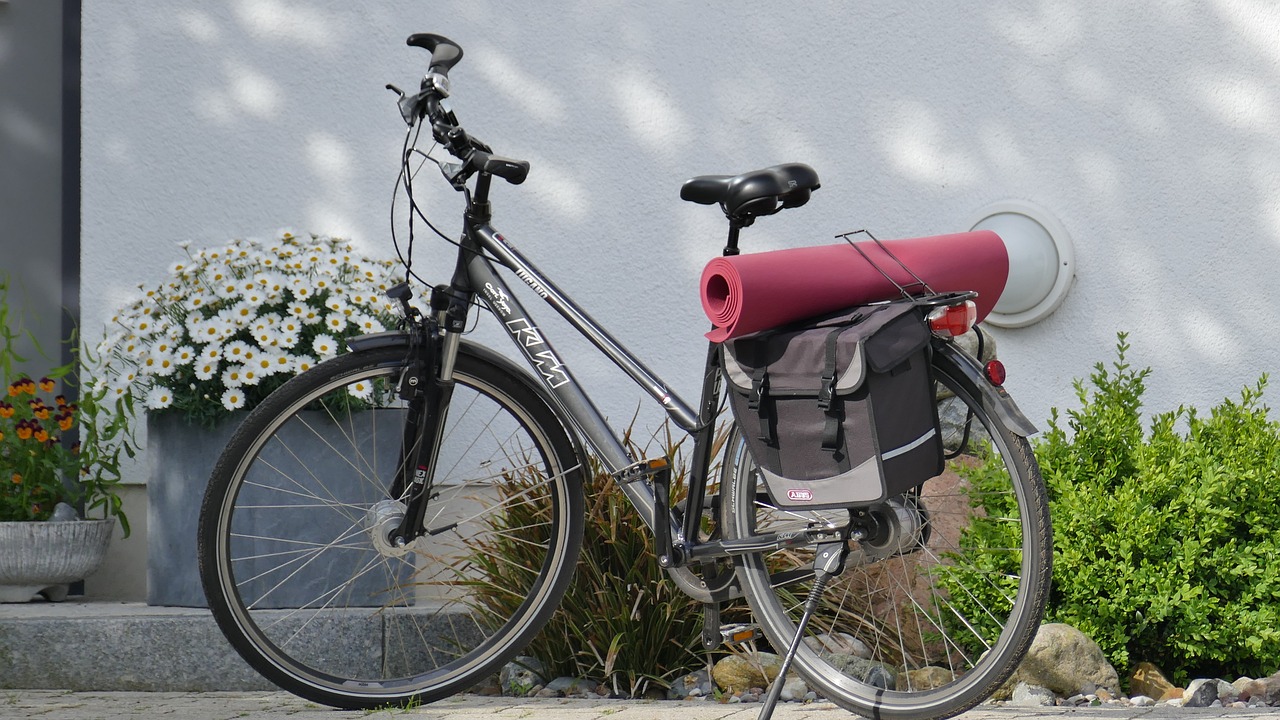 a bicycle with a yoga mat strapped to the back, by Alison Watt, flickr, wine-red and grey trim, behaelterverfolgung, sun coast, panzer