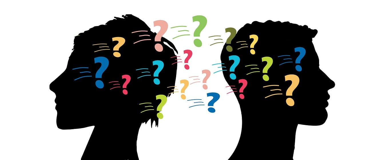 two silhouettes of a man and a woman with question marks on their faces, a cartoon, by Whitney Sherman, trending on pixabay, synchromism, colored illustration, many details, hiding, istock