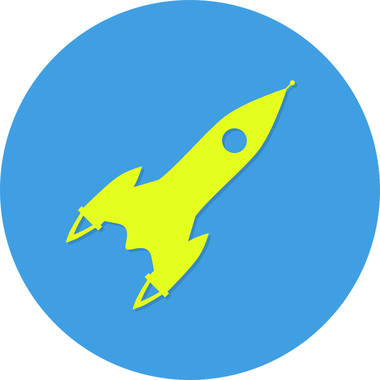 a yellow rocket flying through a blue circle, pixabay, avatar image, video footage, instrument, n- 4