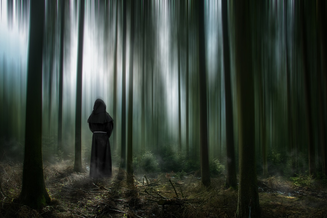 a person standing in the middle of a forest, a matte painting, by Eglon van der Neer, shutterstock, reminded me of the grim reaper, an evil nun, high quality fantasy stock photo, sense of mystery and loneliness