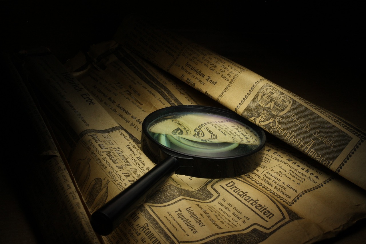 a magnifying lou lou lou lou lou lou lou lou lou lou lou lou lou lou lou lou lou lou lou lou lou lou lou lou, by Aleksander Gierymski, pixabay, newspaper. stock certificate, mysterious!, archeological find, dimly - lit