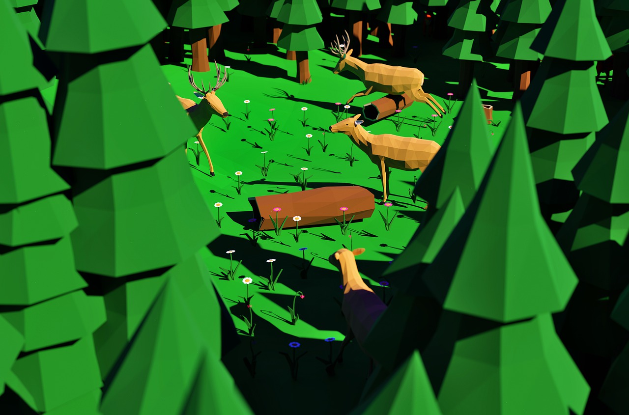 a herd of deer standing on top of a lush green forest, a low poly render, by Wolf Huber, raytracting, scattered props, trees and pines everywhere, volumetric lighting”