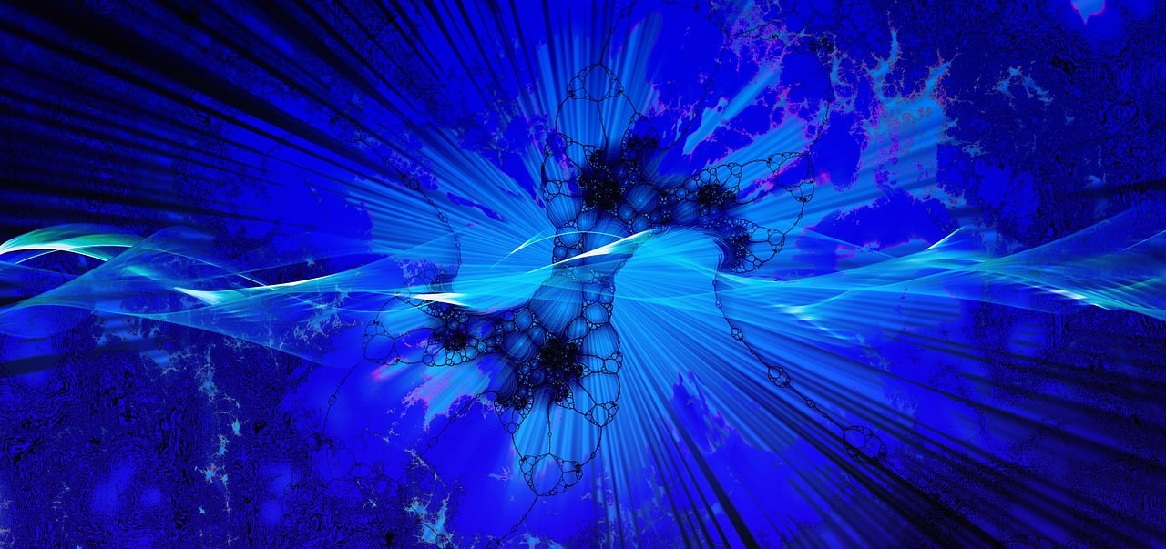 a computer generated image of a blue flower, digital art, inspired by Benoit B. Mandelbrot, fractal cyborg ninja background, refracted line and sparkles, under blue clouds, shattered abstractions