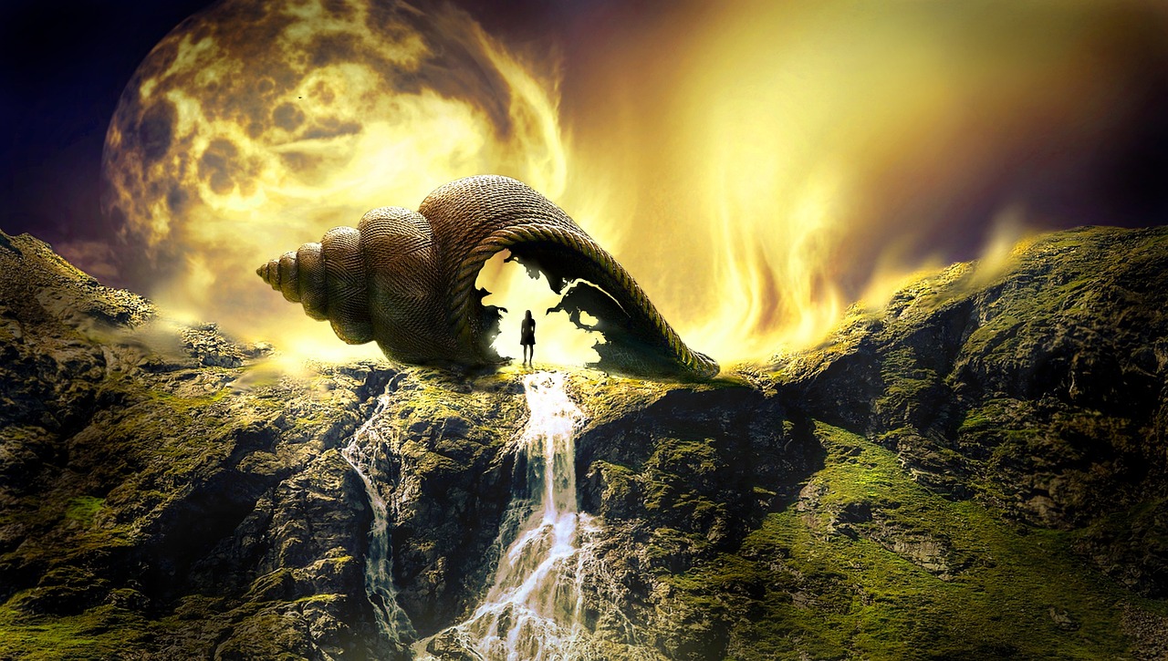 an elephant standing on top of a mountain next to a waterfall, digital art, pixabay contest winner, surrealism, conch shell, man with the soul of a dragon, isaac asimov and marc simonetti, beach surreal photography