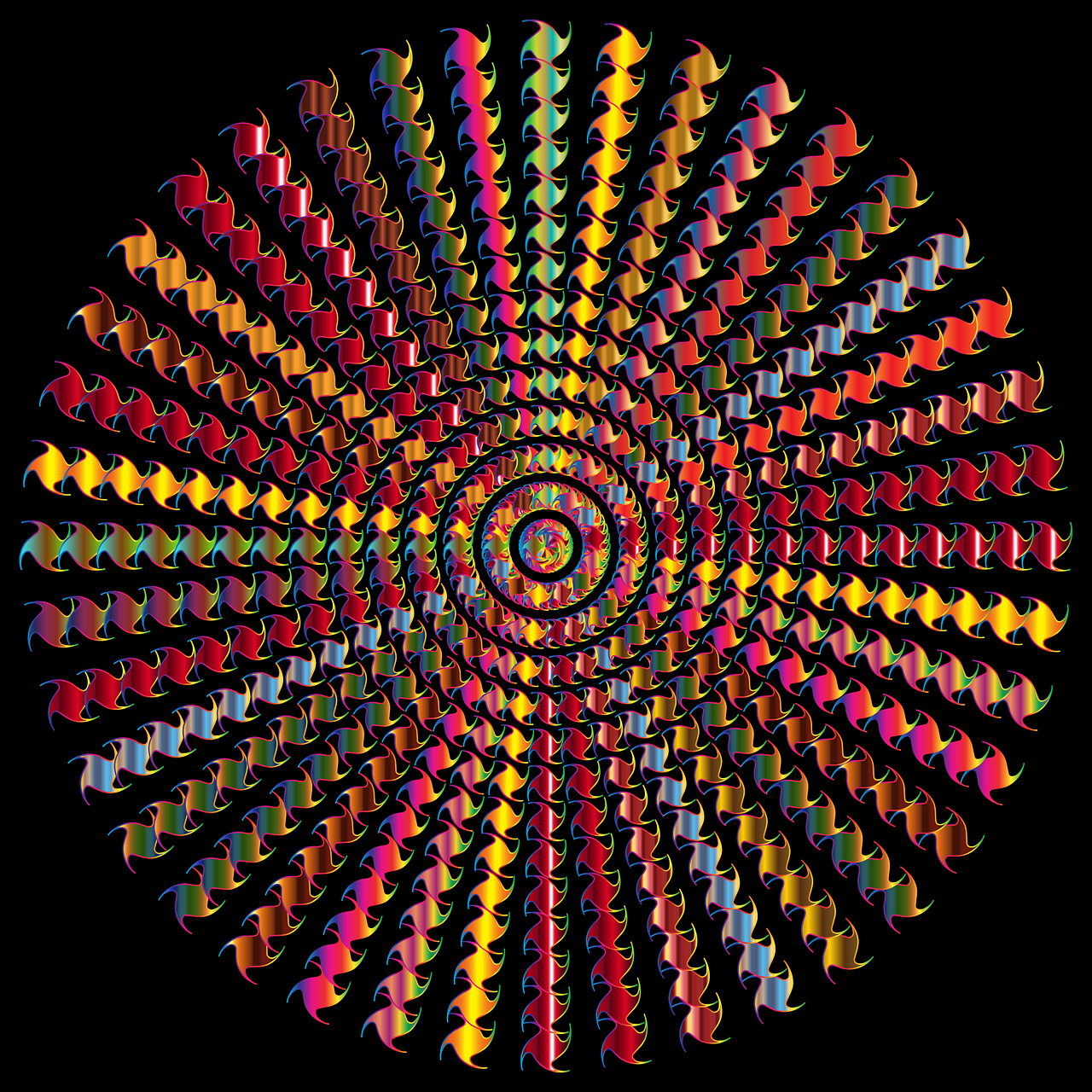 a multicolored circular design on a black background, a digital rendering, by Jon Coffelt, generative art, blotter art, vortex, modern - art - vector, pattern with optical illusion