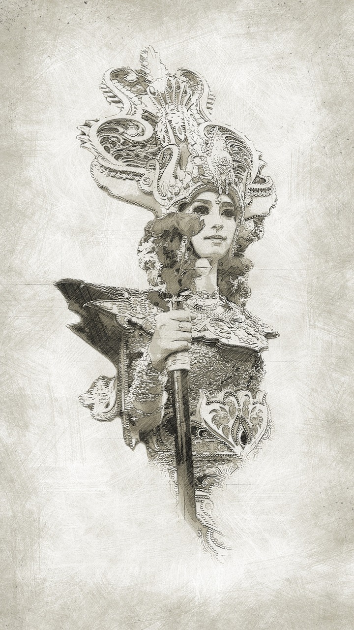 a drawing of a woman with a bird in her hand, a detailed painting, inspired by Franklin Booth, fantasy art, wearing an elaborate helmet, pencil drawing. el greco, scepter, sepia photography