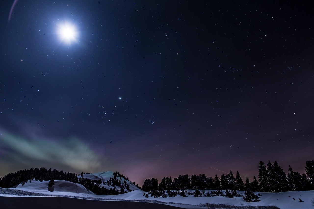 a full moon shines brightly in the night sky, a picture, by Jesper Knudsen, stars and planets visible, outside winter landscape, medium wide shot, neptune
