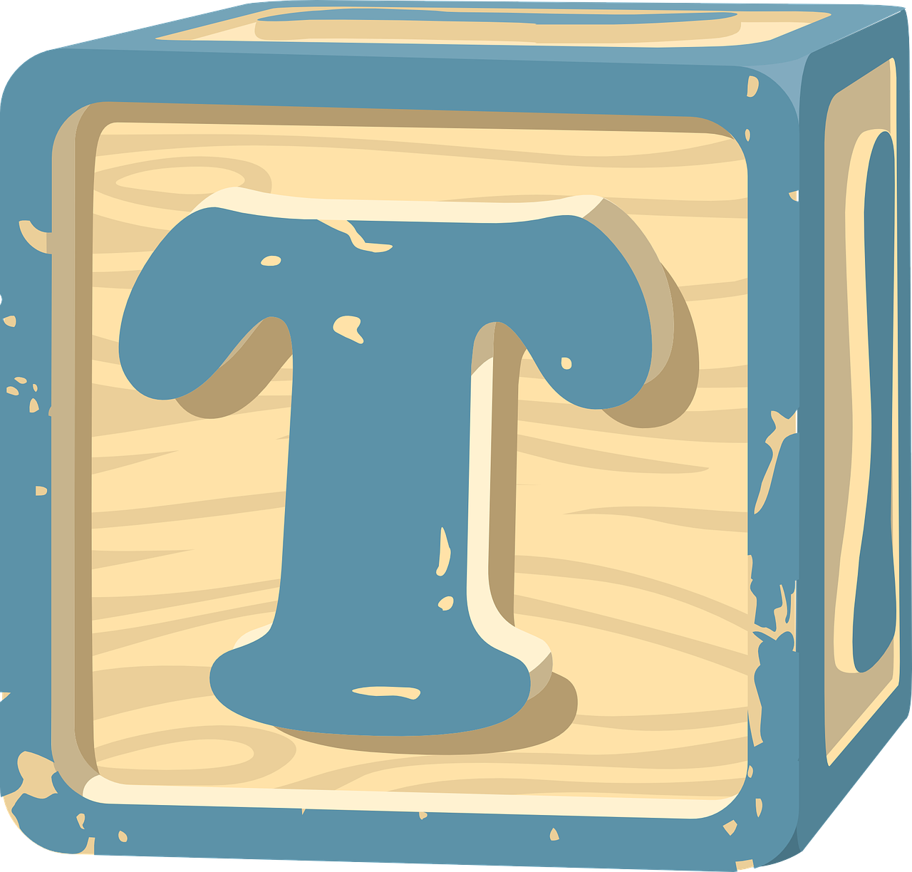 a wooden block with a blue t on it, by Tom Carapic, pixabay, letterism, !!! very coherent!!! vector art, toddler, navel, tiffany