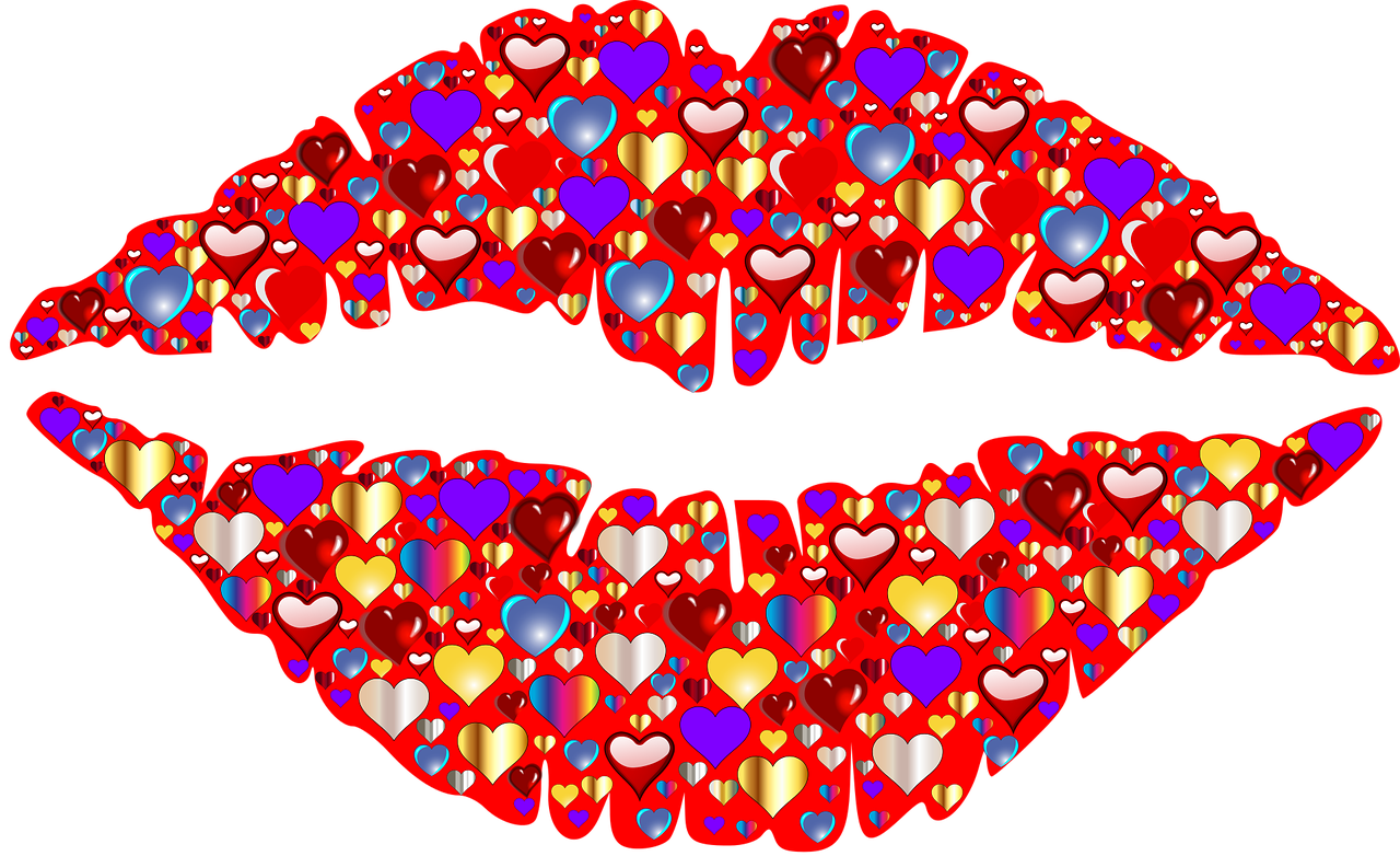 a kiss made out of hearts on a black background, vector art, by Aleksander Kotsis, pixabay, pop art, smiling soft vibrant lips, closeup!!!!!!, 💋 💄 👠 👗, clip art