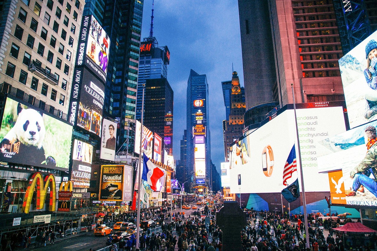 a busy city street filled with lots of people, a picture, pexels, digital art, time square, billboard image, usa-sep 20, city at night