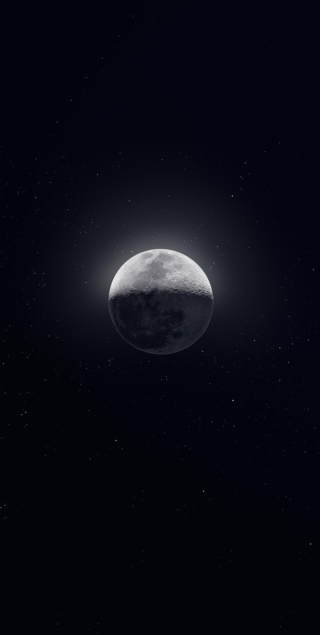 a close up of a moon with stars in the background, space art, beautiful iphone wallpaper, digitally enhanced, a wide shot, joe webb