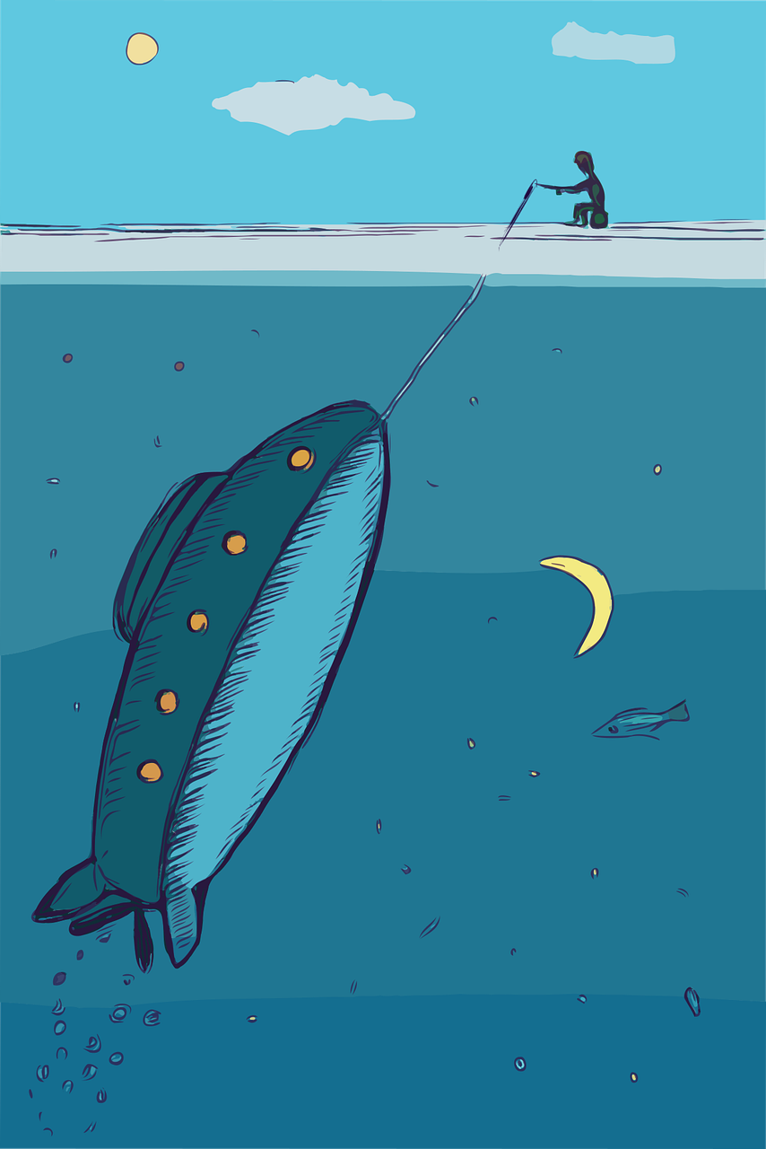 a fish that is floating in the water, an illustration of, inspired by Charles W. Bartlett, conceptual art, the moon cast on the man, cartoon style illustration, long hook nose, comics illustration