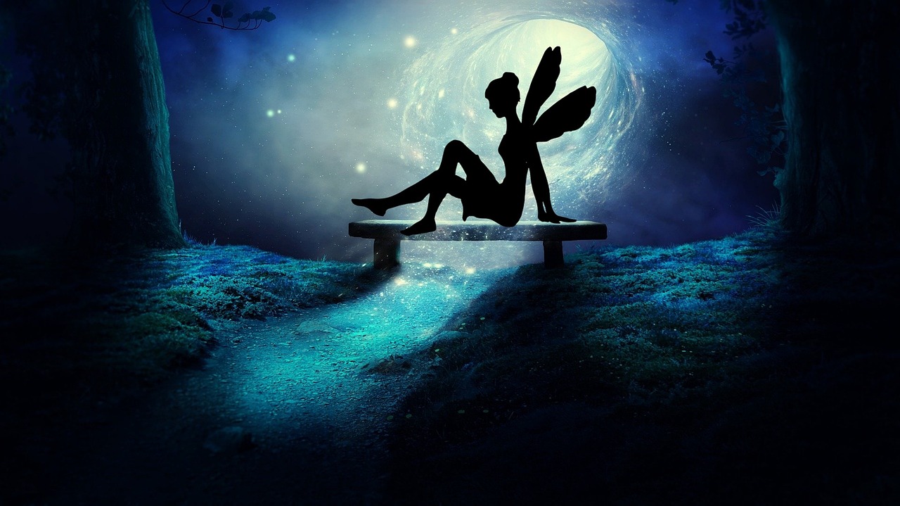 a silhouette of a fairy sitting on a bench, digital art, pixabay contest winner, elven spirit meditating in space, full body close-up shot, ((((((((night)))))))) day time, spreading her wings