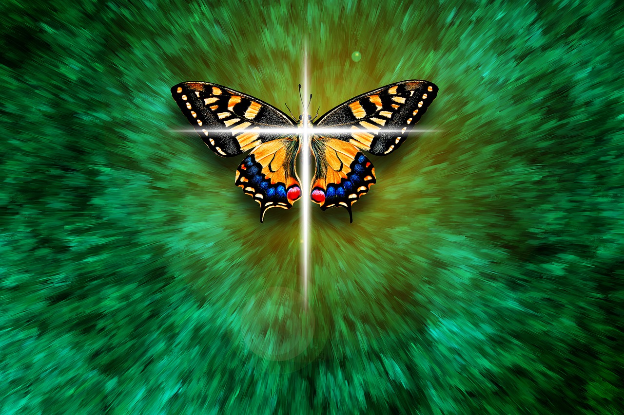 a butterfly sitting on top of a green field, by Jon Coffelt, digital art, neon cross, bursting with holy light, full frame shot, full color illustration