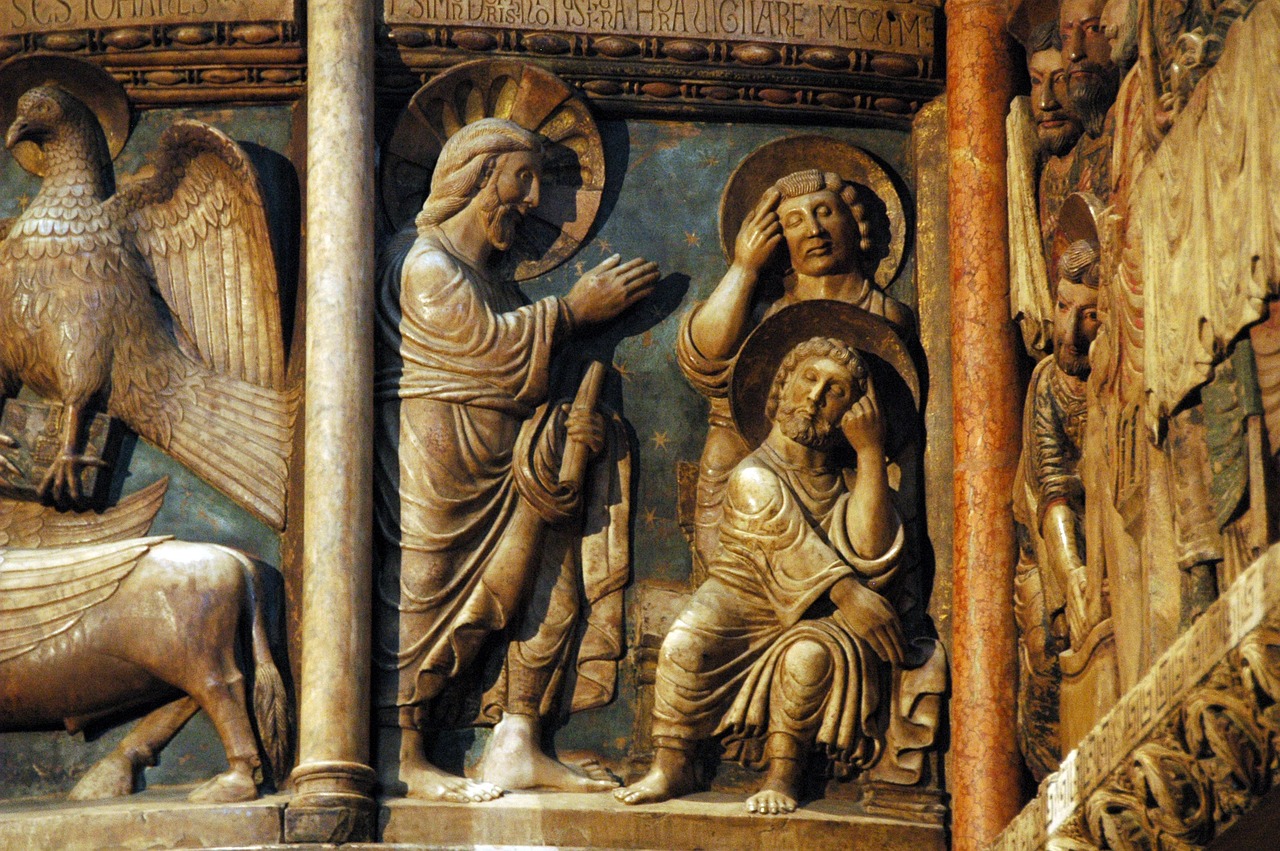 a close up of a statue of people and animals, a picture, by Cimabue, flickr, romanesque, weeping angels, in front of a carved screen, man carving himself out of stone, green