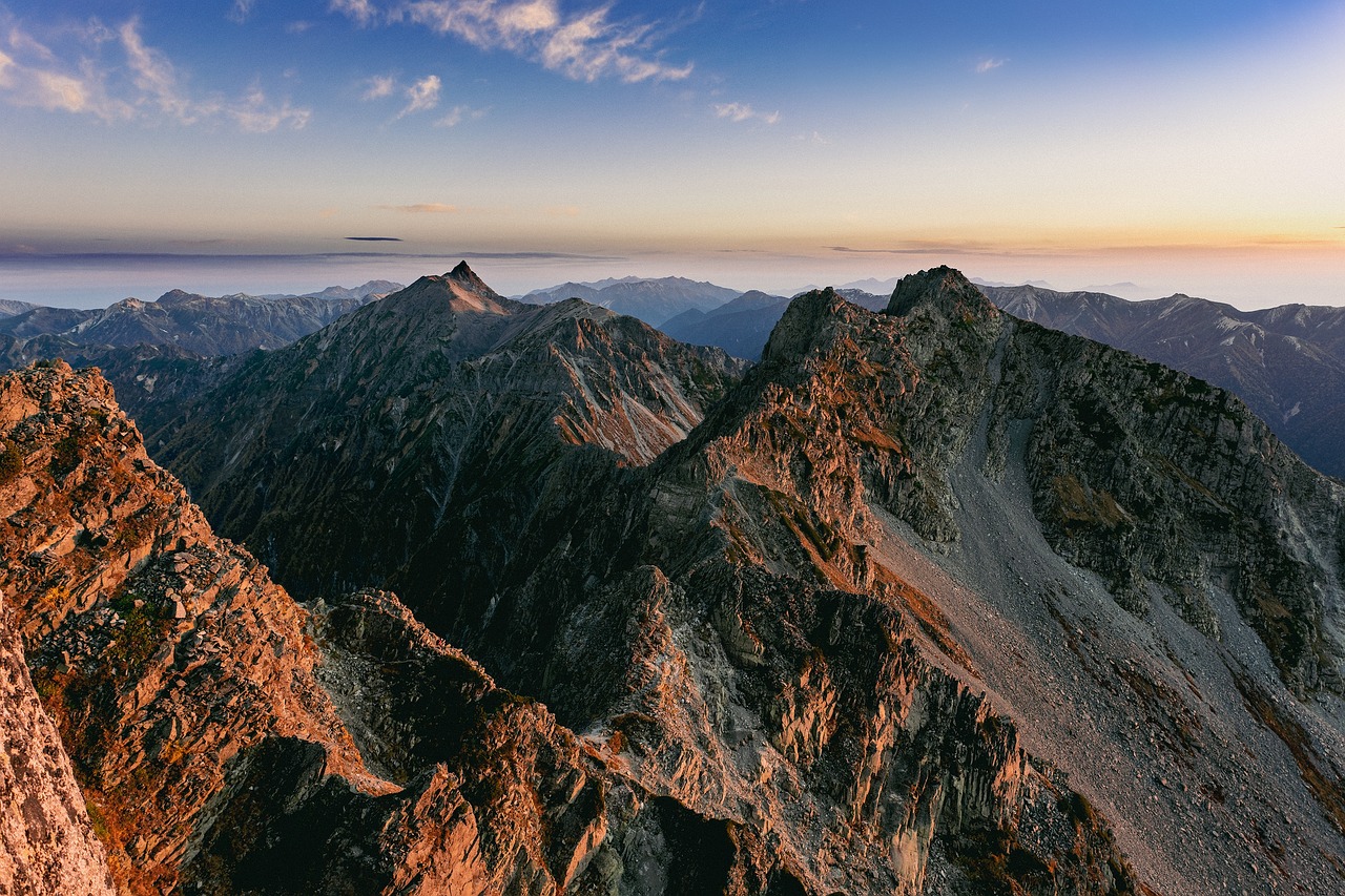 a view of the mountains from the top of a mountain, a picture, by Matthias Weischer, ultra wide angle horizon, late summer evening, 8k 28mm cinematic photo, murata range