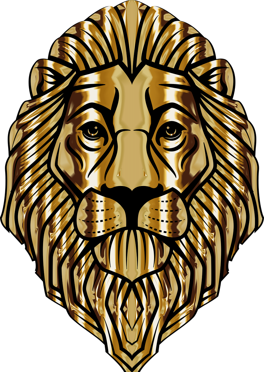 a golden lion head on a black background, vector art, inspired by Jean Hélion, digital art - w 640, illustration black outlining, symmetrical image, lowres