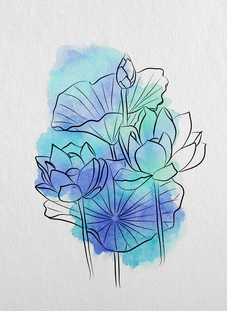 a watercolor drawing of a bouquet of flowers, a watercolor painting, inspired by Tani Bunchō, shutterstock, art nouveau, lotus flowers on the water, blue and cyan colors, illustration black outlining, mixed media style illustration