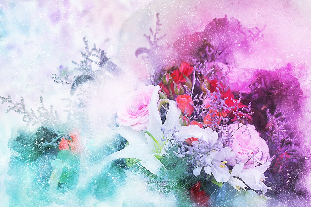 a painting of a bunch of flowers in a vase, digital art, romanticism, pink and blue and green mist, banner, 中 元 节, very beautiful photo