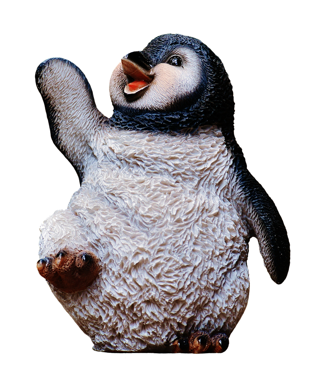 a close up of a toy penguin on a black background, an illustration of, by Jan Rustem, figuration libre, highly detailed photo of happy, pregnancy, triumphant pose, illustration