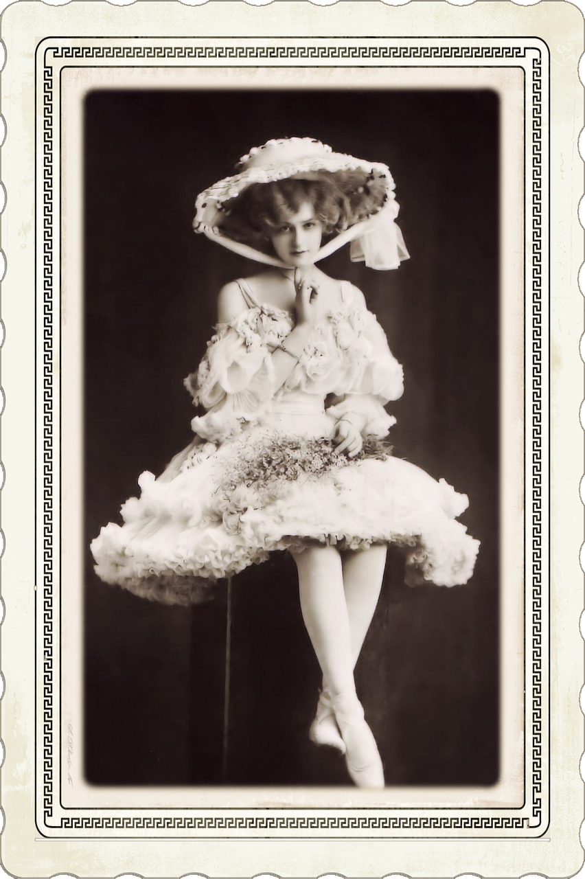 a black and white photo of a woman in a dress and hat, inspired by Margaret Brundage, fine art, playbill of prima ballerina, frilly outfit, daisy, vintage postcard