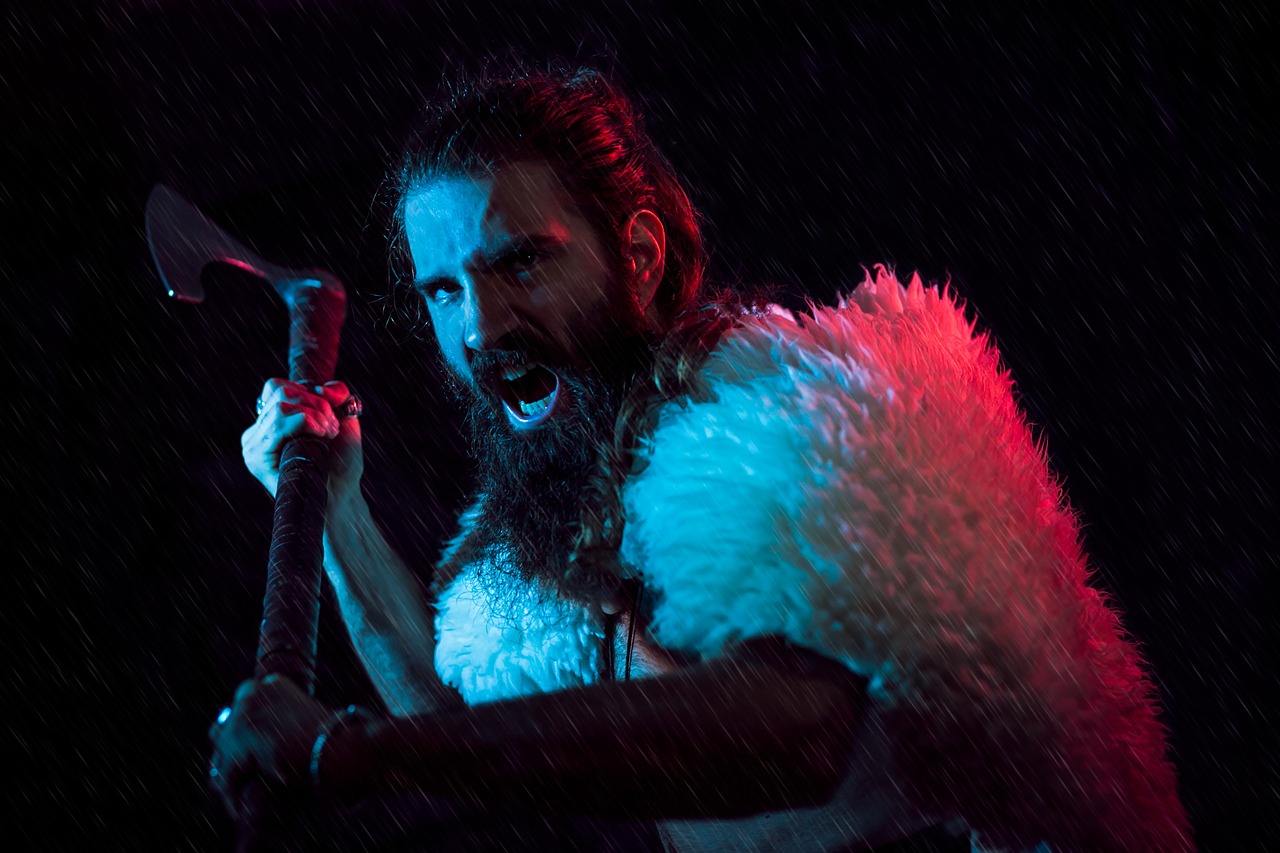 a man in a fur coat holding an ax in the rain, epic scene of zeus, fierce bearded dwarf, 35mm dramatic lighting, gig