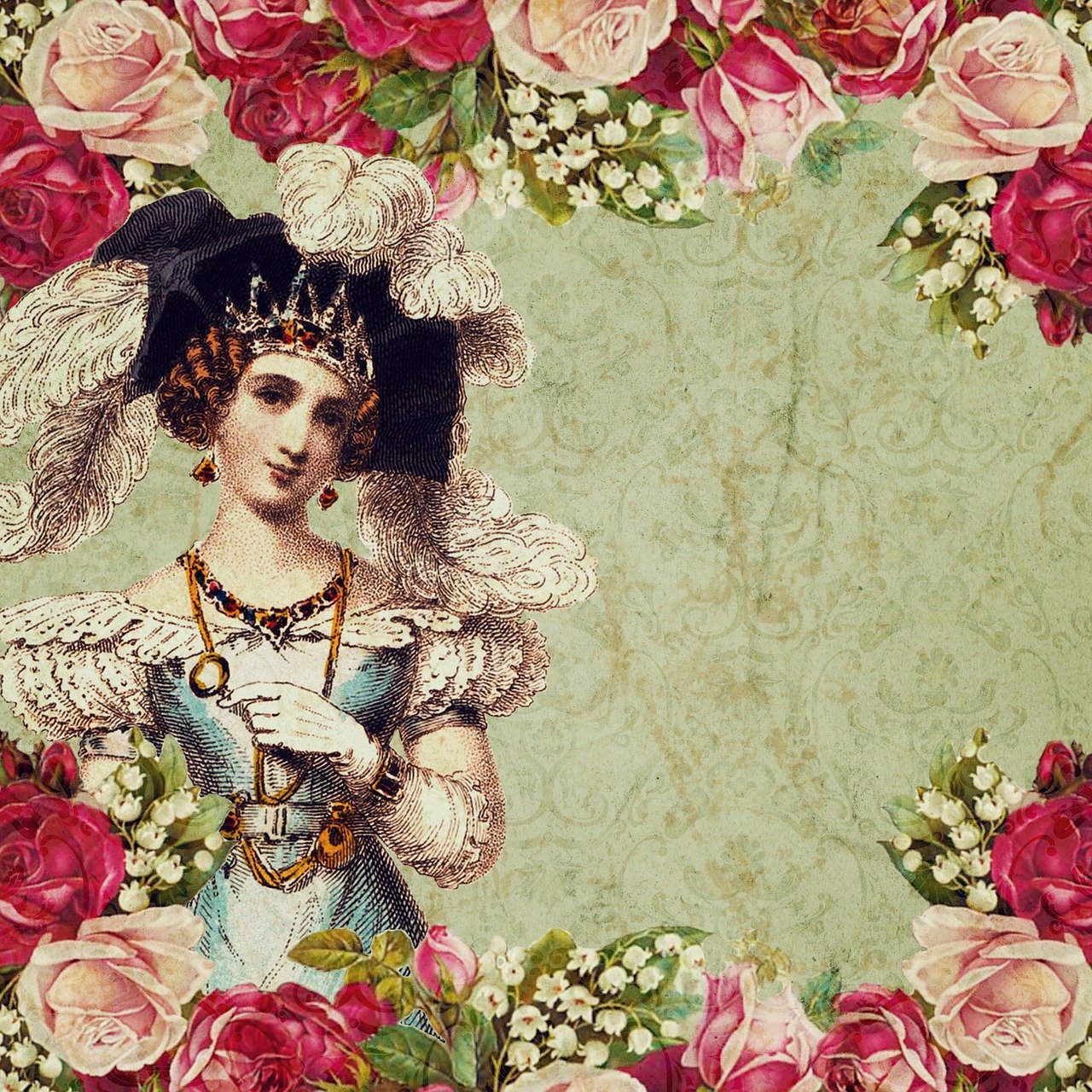 a picture of a woman surrounded by roses, a digital rendering, rococo, carnival background, ornate borders, vintage clothing, ornate decorative background