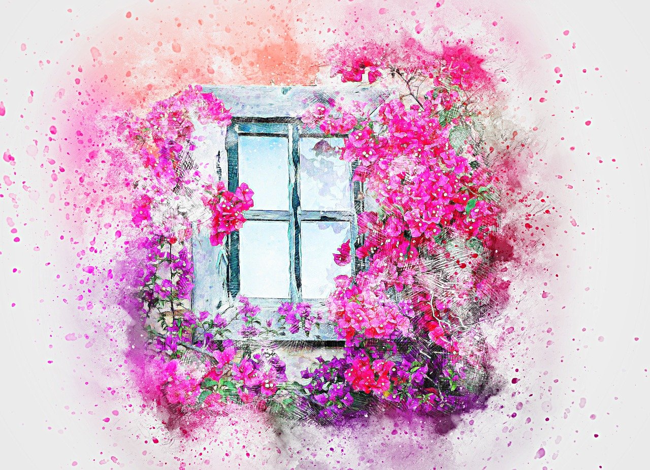 a watercolor painting of a window with pink flowers, art photography, splashes of colors, awesome greate composition, drawn with photoshop, instagram art