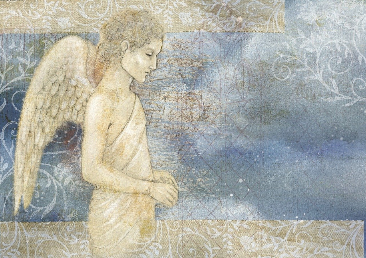 a painting of an angel on a wall, digital art, horizontal view, mixed media painterly details, boy, peaceful