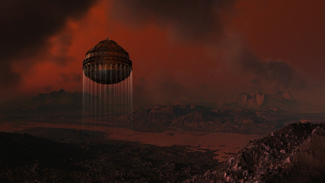 a hot air balloon flying through a cloudy sky, by Artur Tarnowski, cg society contest winner, surrealism, martian city, crater, submerged on titan, dark ancient atmosphere