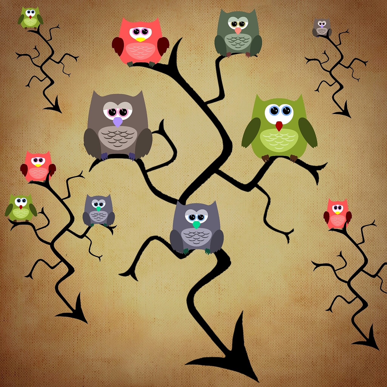 a group of owls sitting on top of a tree, by Viktor Oliva, trending on pixabay, dada, retro cartoon, neurons, ebay photo