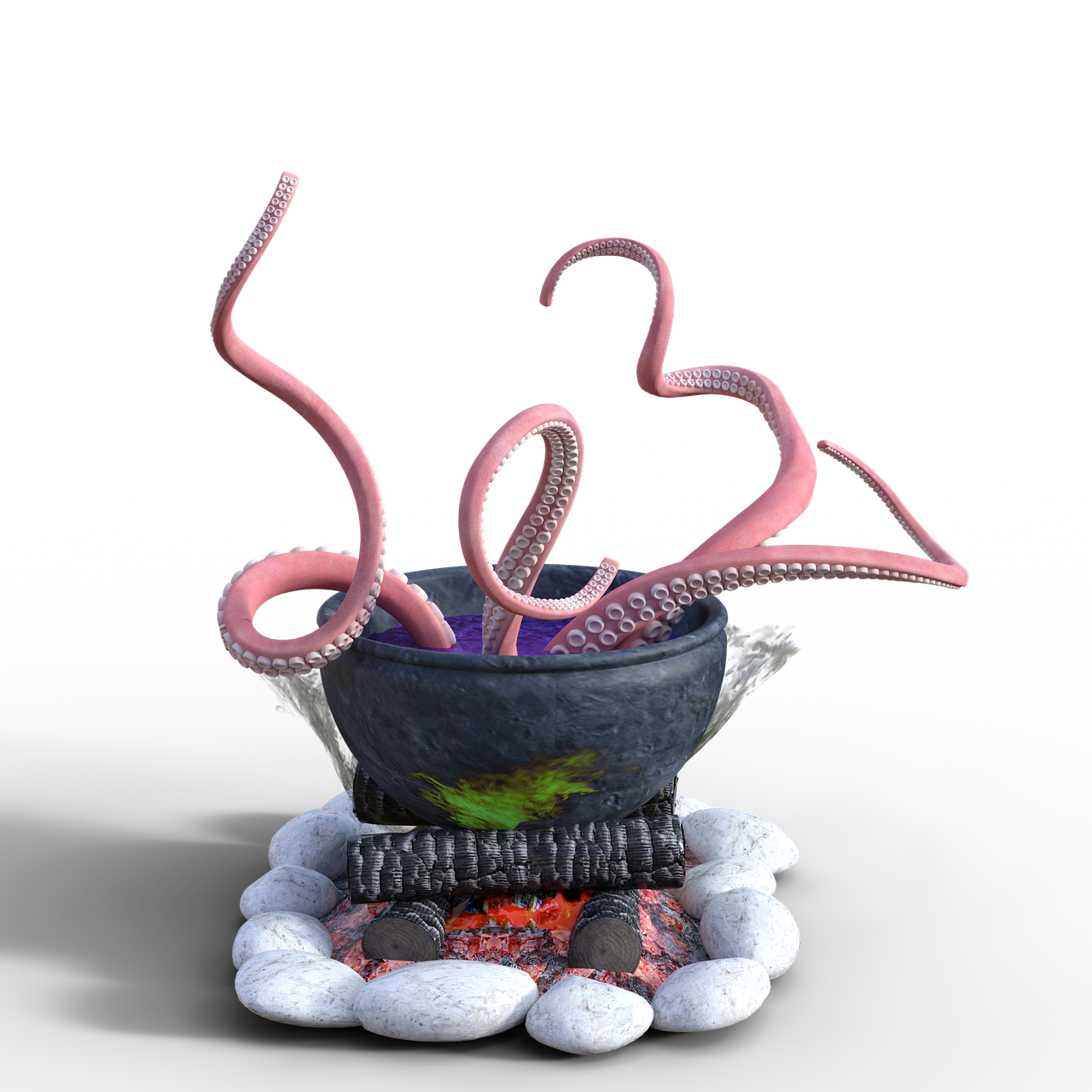 a close up of an octopus in a pot, a 3D render, surrealism, magical cauldron, on a black background, cooking it up, cardboard cutout of tentacles