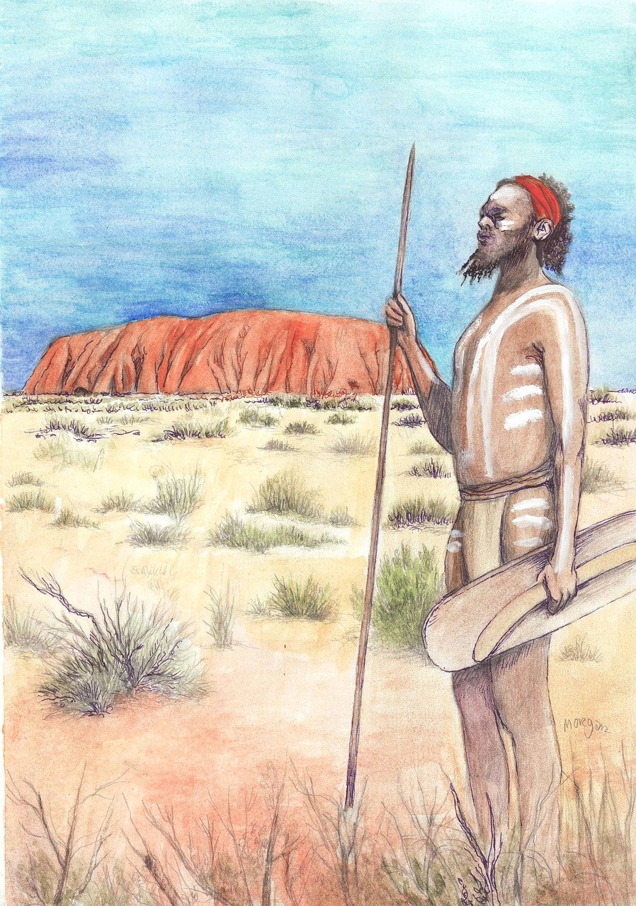 a painting of a man holding a stick in the desert, an illustration of, inspired by Albert Namatjira, figuration libre, whole page illustration, uluru, colored sketch, african