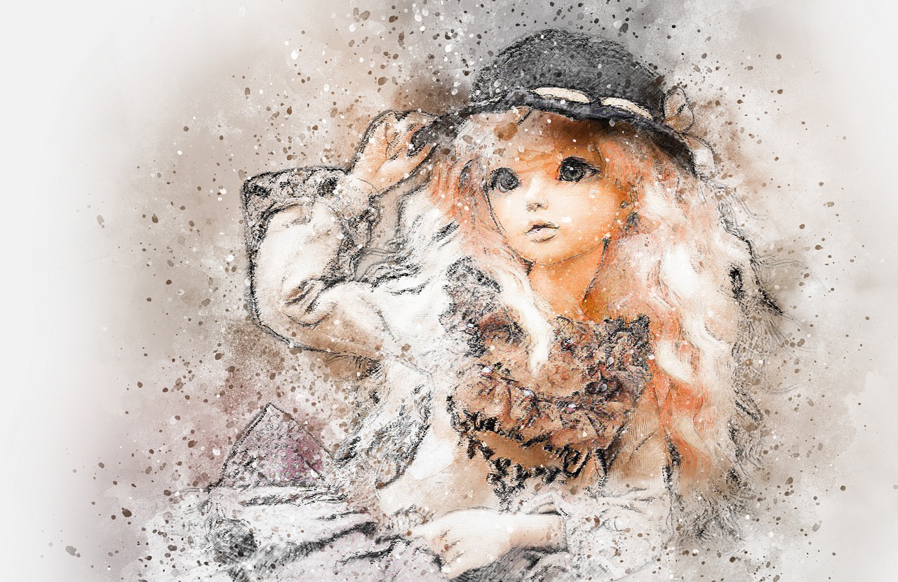 a painting of a woman wearing a hat, a digital painting, inspired by Marie Laurencin, digital art, style of luis royo, illustration for children, glitter accents on figure, blurred and dreamy illustration