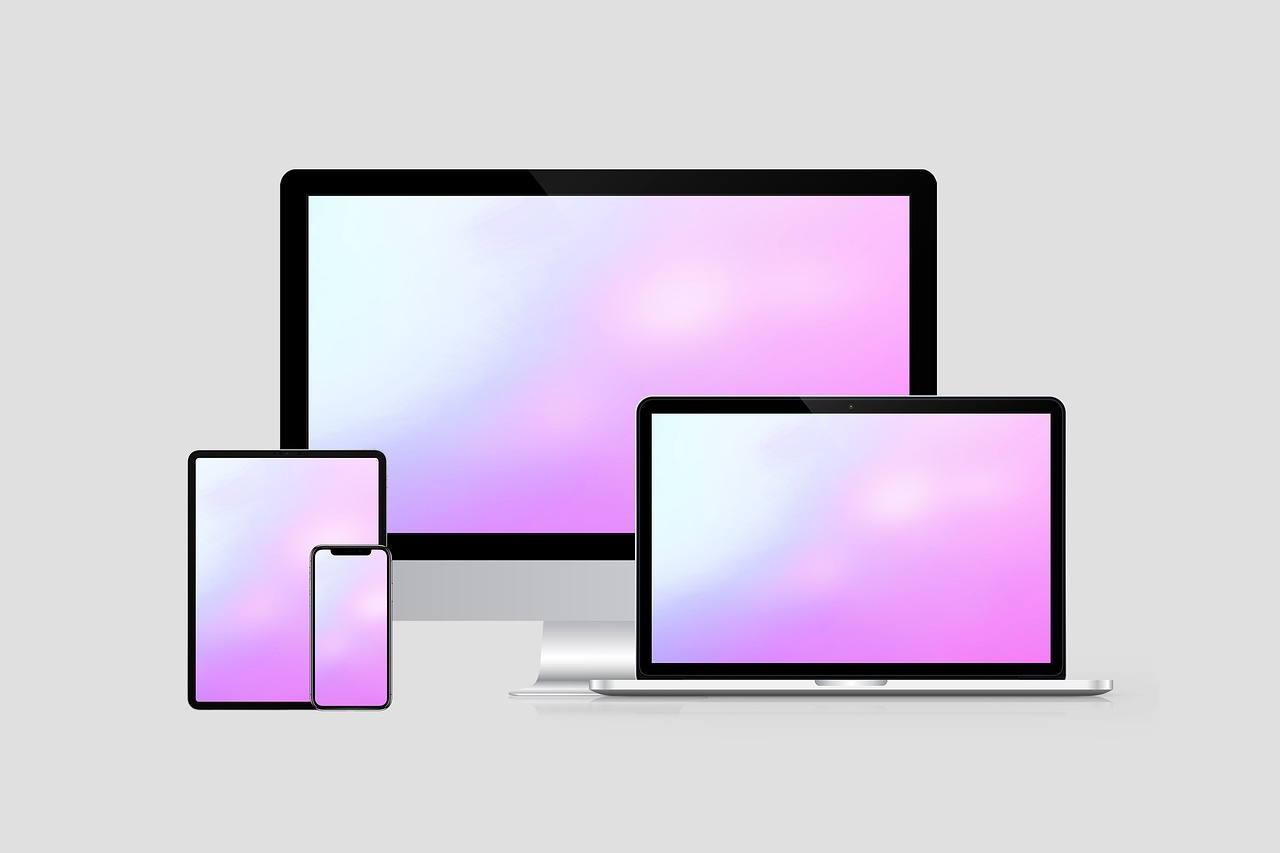 a couple of laptops sitting next to each other, a computer rendering, by Andrei Kolkoutine, unsplash, computer art, gradient light purple, iphone wallpaper, many monitors, on simple background