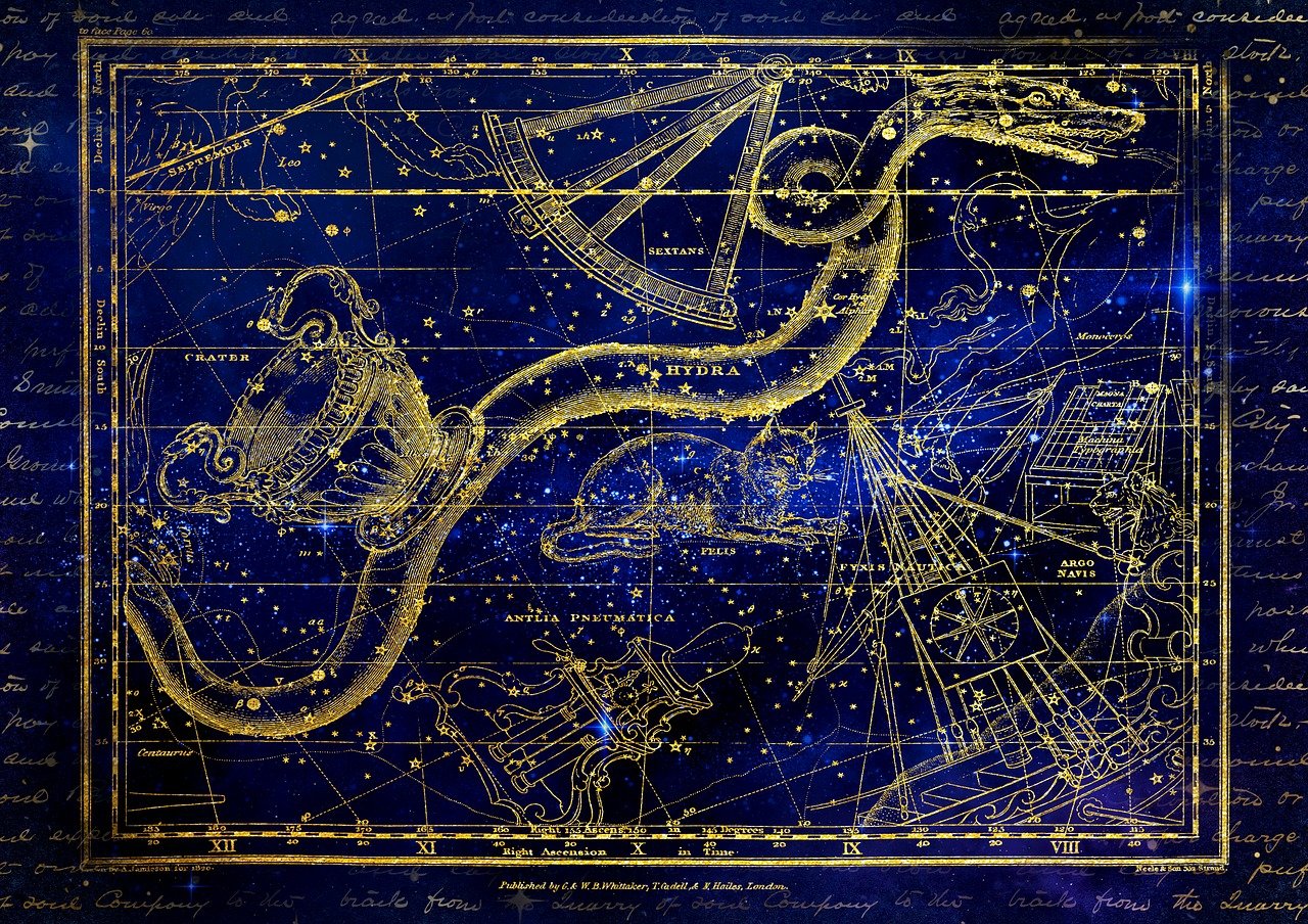 a blue and gold map of the night sky, by Scott Samuel Summers, underwater leviathan, old scientific document, photo taken of an epic intricate, serpent